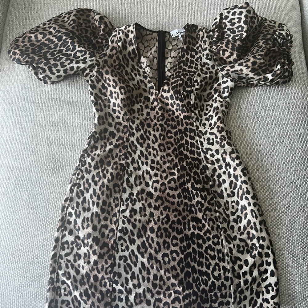 Ganni Black and White Puff Sleeve Mini Dress